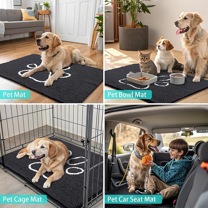 Smiry Dog Door Mat for Muddy Paws, Absorbent Dirt Trapper Non Slip Quick Dry Washable Chenille Mat for Mud Dogs, Entry Rug for Indoor and Outdoor (44x32 Inches, Black and White)
