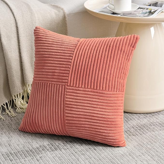 Fancy Homi 2 Packs Coral Big Decorative Throw Pillow Covers 24x24 Inch for Living Room Couch, Rustic Farmhouse Boho Home Decor, Soft Corss Corduroy Patchwork Accent Peach Square Cushion Case 60x60 cm