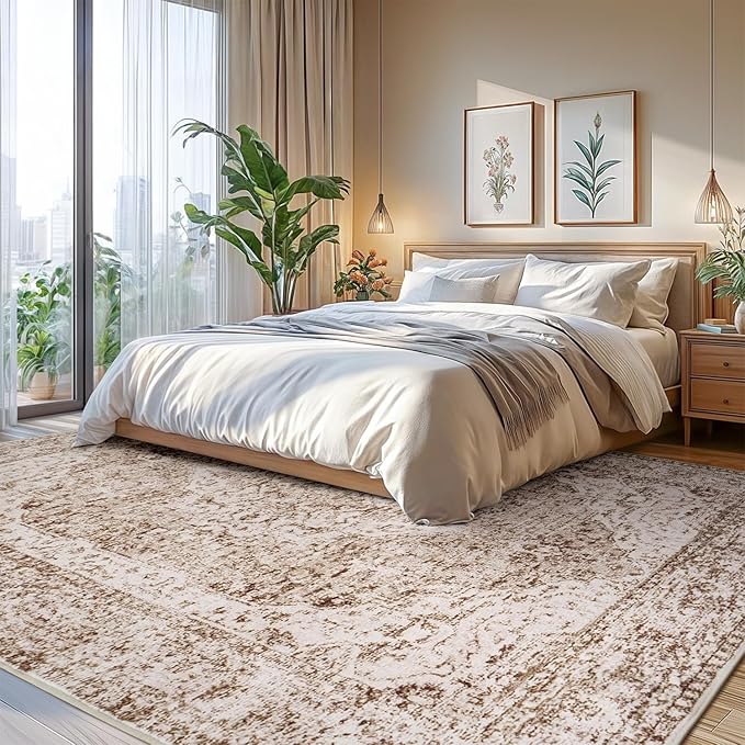 Lofus 5x8 Area Rugs for Living Room, Washable Area Rug, Rugs for Bedroom, Kitchen, Vintage Boho Carpet, Soft Non-Slip, Low Pile Large Area Rug for Office Dining Room, Vintage Beige Brown