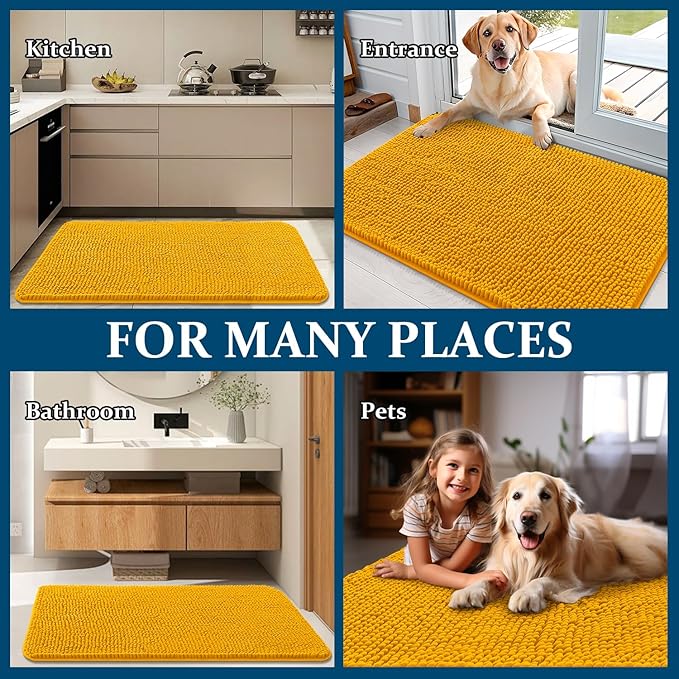 OLANLY Dog Door Mat for Muddy Paws 47x20, Absorbs Moisture and Dirt, Absorbent Non-Slip Washable Doormat, Quick Dry Chenille Mud Mat, Entry Indoor Entryway Carpet for Inside Floor, Golden Yellow