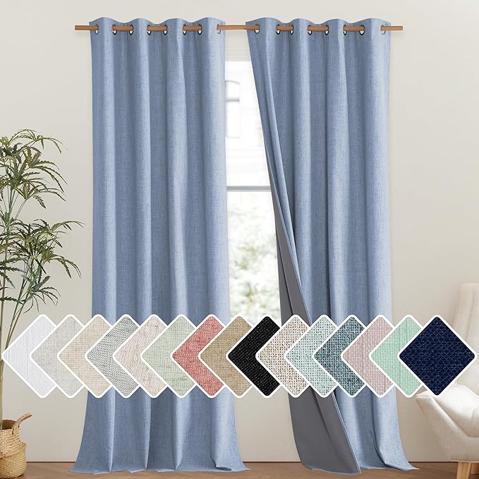 NICETOWN Stone Blue Vintage Linen 100% Blackout Curtains for Living Room, Thermal Insulated Curtains 95" Long, Noise Reducing Window Treatment Drapes for Bedroom, 52" Wide Per Panel, Set of 2