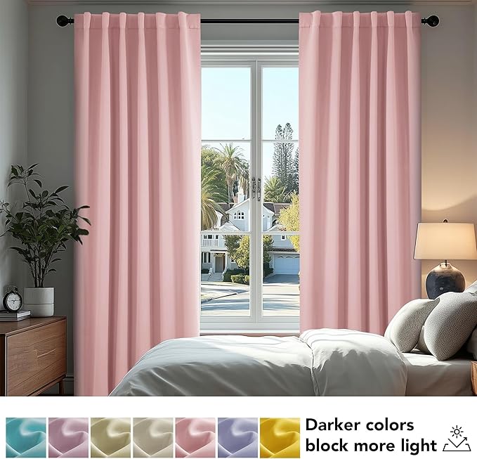 Deconovo Solid Thermal Insulated Blackout Curtains Back Tab and Rod Pocket Curtains Room Darkening Curtains for Bedroom 52Wx63L Inch Coral Pink 2 Panels