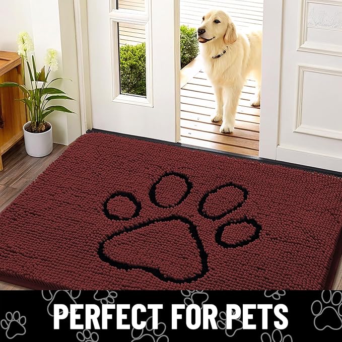 Smiry Dog Door Mat for Muddy Paws, Absorbent Dirt Trapper Non Slip Quick Dry Washable Chenille Mat for Mud Dogs, Entry Rug for Indoor and Outdoor (48x30 Inches, Caramel Russet and Black