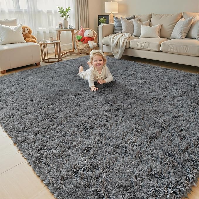 Area Rugs 9x12 Living Room, Large Area Rug Shag Shaggy Carpet Soft Plush Furry Bedside Rug, Machine Washable Area Rugs for Bedroom Kids Girls Boys Home Decor Anti Slip(9 x 12, Dark Grey)