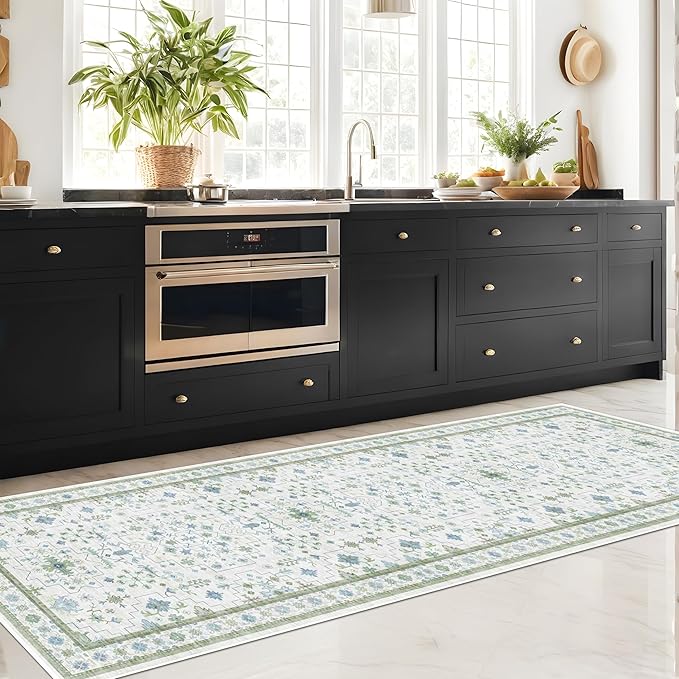 Hazo Haus Oushak 3x10 Wide Hallway Runner Rug - Vintage Turkish Floral, Washable Low Pile Non Slip 10ft Long Runners for Kitchen, Hall Way - Light Blue and Green