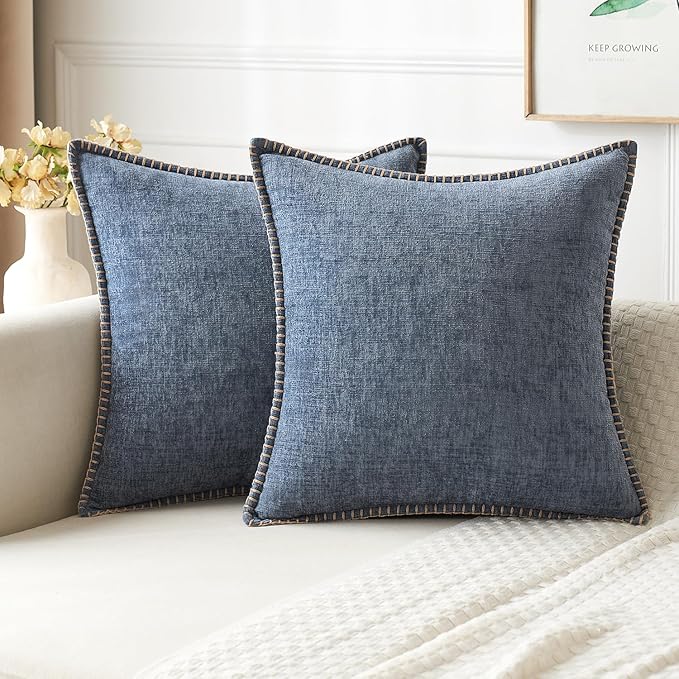 MIULEE Pack of 2 Couch Throw Pillow Covers 20x20 Inch Dark Grey Blue Farmhouse Decorative Pillow Covers with Stitched Edge Soft Chenille Solid Dyed Spring Pillow Covers for Sofa Bed Living Room