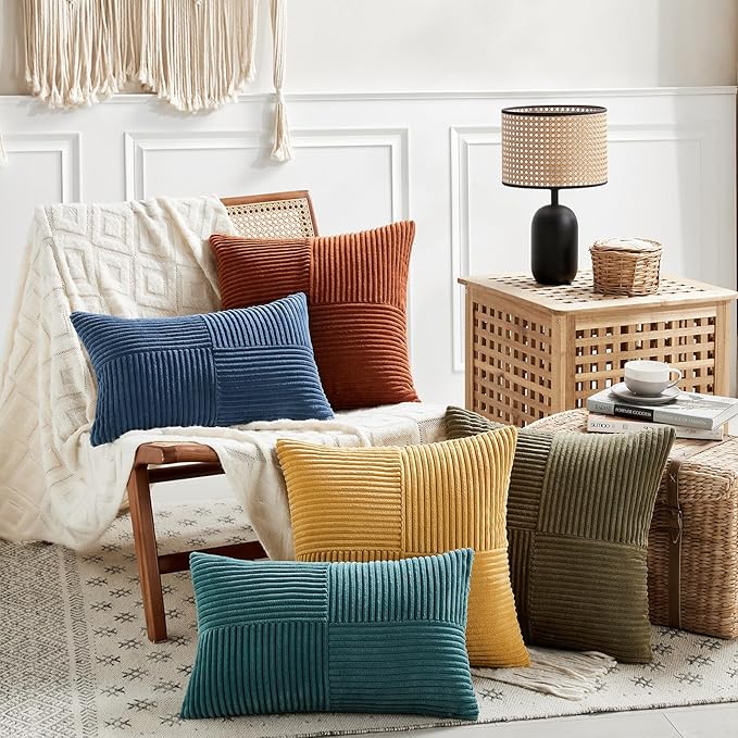 Fancy Homi 2 Packs Teal Lumbar Decorative Throw Pillow Covers 16x32 Inch for Living Room Couch Bed Sofa, Rustic Farmhouse Boho Home Decor, Soft Striped Corduroy Rectangle Accent Cushion Case 40x80 cm