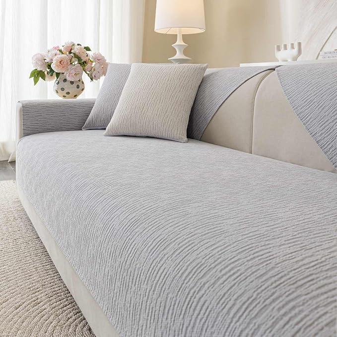 Soft Waterproof Chenille Cover Washable, Non Slip Sectional Sofa Covers for 3 Cushion Couch Sofa L Sharped Sofa Slipcover for Pets, Furniture Protector (1 PCS 36"x94" Light Grey)