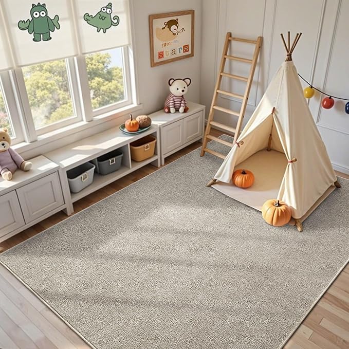 FinRèc Low Pile 5x7 Area Rugs for Bedroom Living Room, Thin Rug Solid Color, Non-Slip Carpet Indoor for Home Decor (Light Tan)