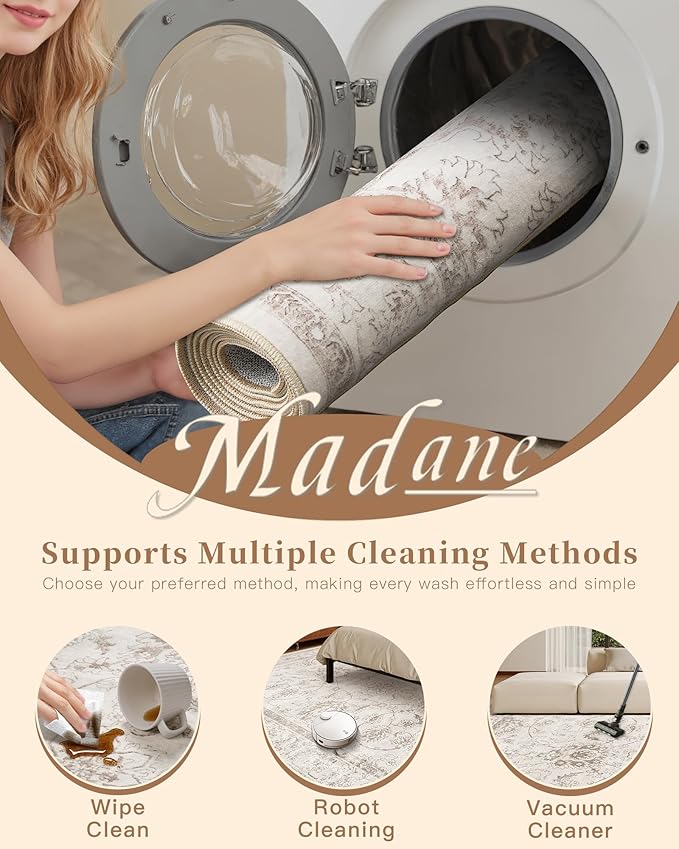 Madane Runner Rug 2x8 for Hallway, Kitchen Non-Slip Runner Rug with Rubber Backing, Vintage Soft Low Pile Throw Neutral Carpet Runner for Laundry Room Entryway Bathroom Bedroom (2 x 8, Brown/Ivory)