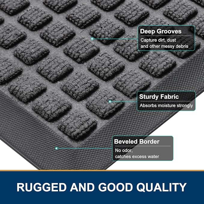 Smiry Front Door Mat Outside Entrance, Heavy Duty Natural Rubber Doormat, Non Slip, Trap Dirt and Moisture, Easy Clean, Low Profile Welcome Floor Mats for Indoor Outdoor Entry, 59x34 Inch, Grey