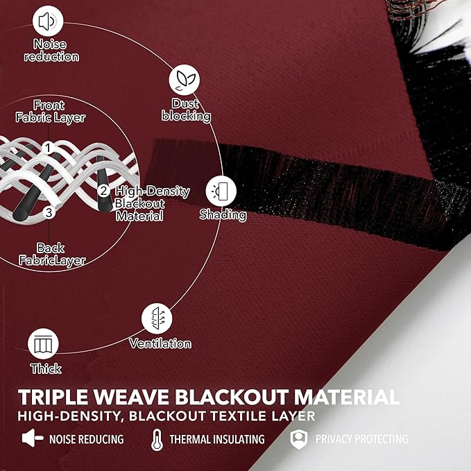 Deconovo Rod Pocket and Back Tab Curtains Solid Thermal Insulated Blackout Curtains for Bedroom 52Wx63L Inch Burgundy Red 2 Panels