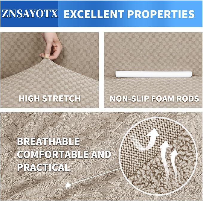 ZNSAYOTX 1 Piece Jacquard Couch Covers for 3 Cushion Couch High Stretch Sofa Cover for Pets Dogs Anti Slip Extra Large Sofa Slipcovers Furniture Protector (XL Sofa, Khaki)