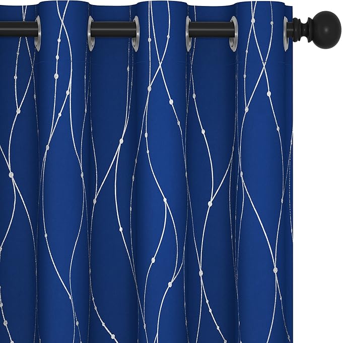Deconovo Blackout Curtains, 52 x 63 Inch Drapes for Living Room with Wave Dots Silver Print, Soundproof Thermal Insulated Window Curtain for Bedroom Nursery, Set of 2, Machine Washable, Royal Blue