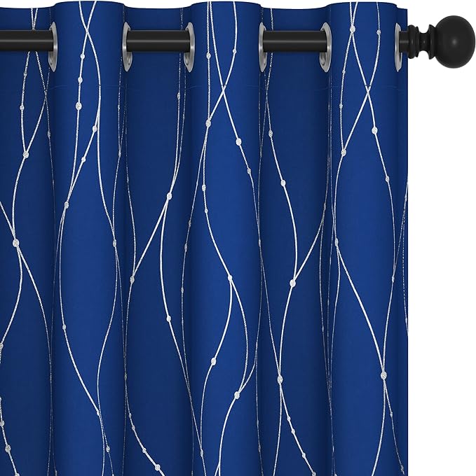 Deconovo Blackout Curtains, 52 x 72 Inch Drapes for Living Room with Wave Dots Silver Print, Soundproof Thermal Insulated Window Curtain for Bedroom Nursery, Set of 2, Machine Washable, Royal Blue