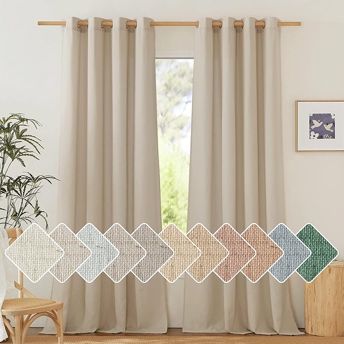 NICETOWN Thick Flax Linen Curtains for Living Room, Rustic Grommet Semi Sheer Privacy Assured Linen Blend Drapes with Light Filtering for Living Room/Bedroom, Angora, W55 x L96, 1 Pair