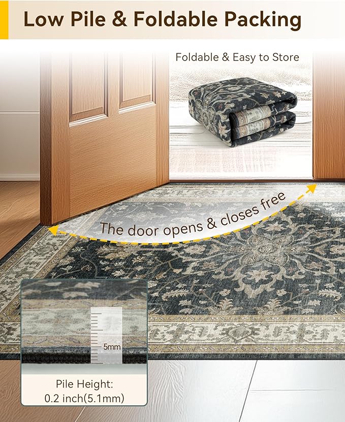 Area Rugs 3'x5' Washable Non-Slip, Floral Vintage Distress Print Pattern Medallion Carpet for Living Room Bedroom Dining Room, Vintage Black Brown Neutral