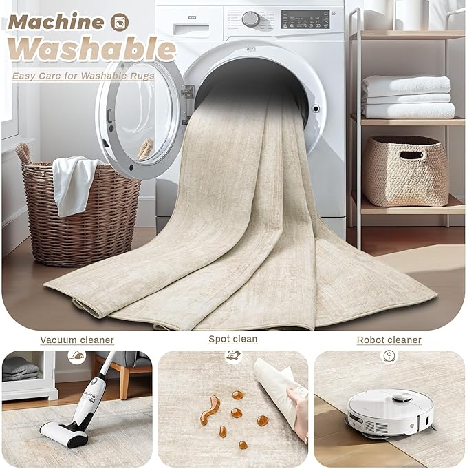 Area Rugs 10x14 Living Room: Washable Rug Modern Abstract Neutral Soft Non-Slip Low-Pile Indoor Large Carpet for Bedroom Dining Room Playroom Home Office (Beige, 10'x14')