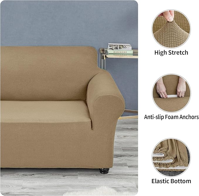 Joccun Stretch Loveseat Couch Cover Slipcover, 1-Piece Sofa Cover for 2 Cushion Couch Spandex Jacquard Washable Furniture Protector Cover for Living Room,Kids,Pets（Loveseat,Tan）