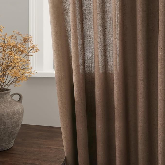 Caramel Brown Linen Curtains for Living Room Extra Long 144 Inches Long Back Tab Light Filtering Semi Sheer Curtain Vintage Rustic Decor Floor to Ceiling High Window for Bedroom 52x144, 2 Panels
