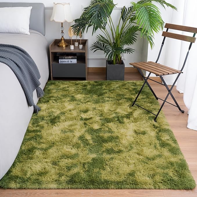 Goideal Fluffy Rug for Bedroom Living Room, 5x7 Green Area Rugs, Faux Fur Shag Modern Carpet Ultra Soft Girls Boys Room Home Decor, Tie-Dyed