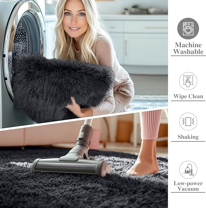 OLANLY Black Round Rugs for Bedroom - Machine Washable, 7 ft Circle Area Rugs for Living Room, Soft and Fluffy Shaggy Carpet for Teen Girls and Boys, Nursery Rooms, Dorms, Home Decor Aesthetic