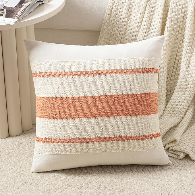 Fancy Homi Set of 1 Boho Coral Decorative Throw Pillow Cover 18x18 Inch for Couch Bed Sofa, Aesthetic Modern Organic Farmhouse Home Decor, Soft Cotton Cute Accent Macrame Woven Cushion Case