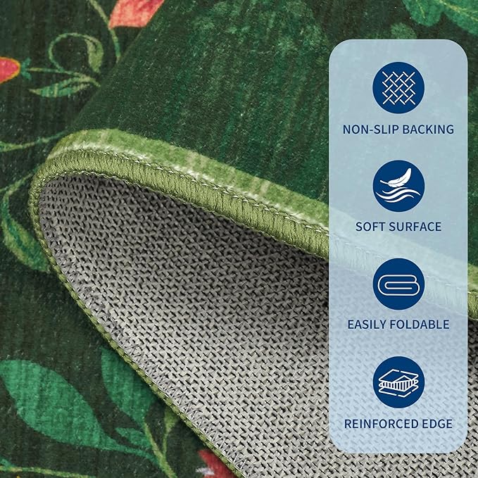 Washable Rug 9x12 Area Rugs for Living Room, Protea Floral Rug for Bedroom, Soft Vintage Non Slip Throw Rugs with Rubber Back, Low Pile Stain Resistant Boho Floral Carpet for Dining Room, Forest Green