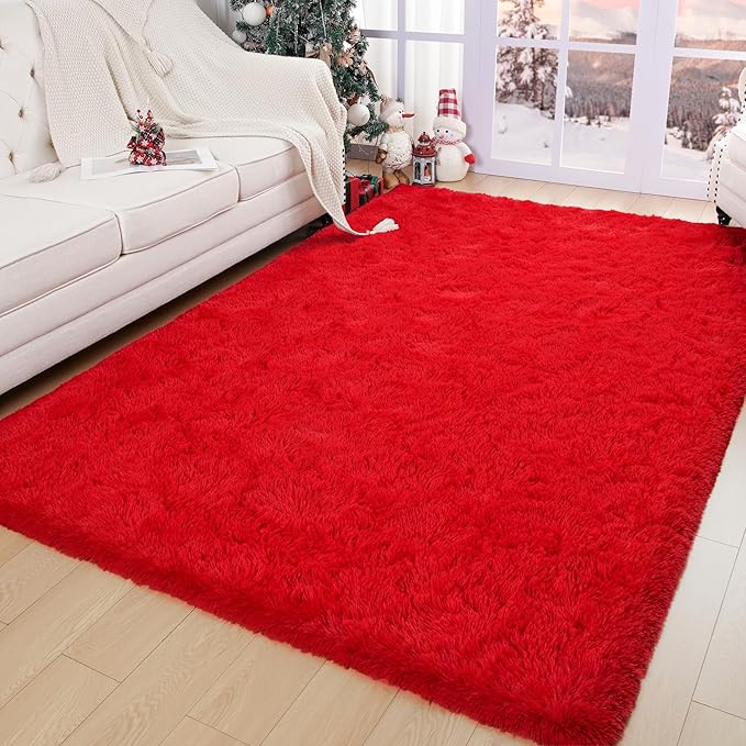 Chicrug Soft Area Rugs for Bedroom Living Room Plush Fluffy Rug 5x8 Feet, Shag Furry Area Rug Carpet Non Shedding for Nursery Children Kids Girls Room Home Decorative, Red