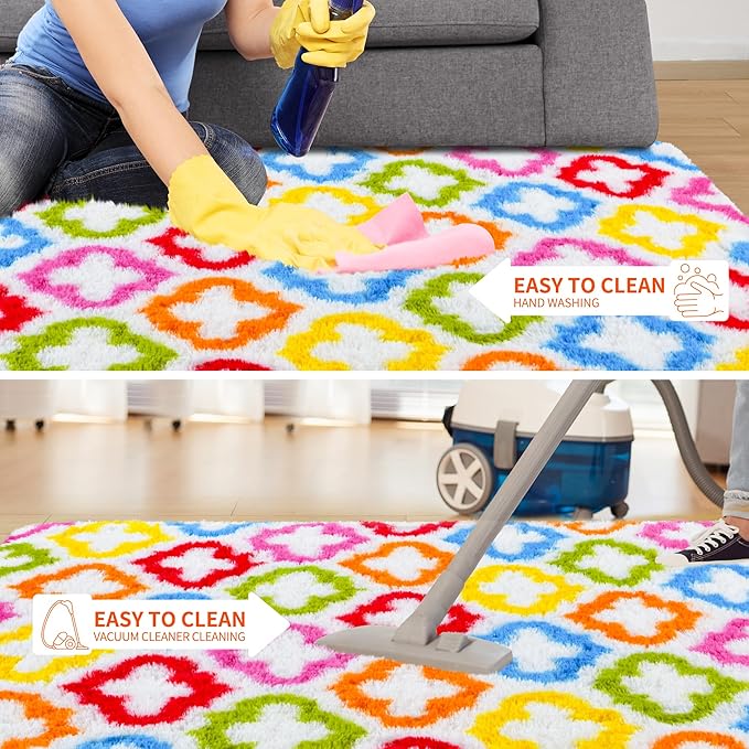 Tepook Fluffy Colorful Rug for Kids, Shaggy Soft Rainbow Area Rugs for Girls Bedroom, Indoor Modern Geometric Moroccan Rugs Plush Girls Kids Rug for Playroom Teens Room Nursery Home Decor, 3 X 5 ft