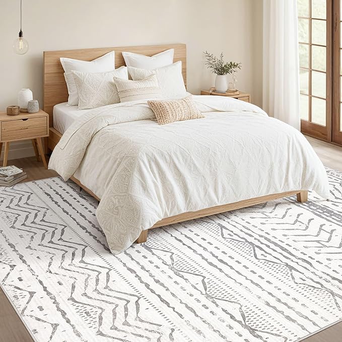 Nakagishi 5x8 Area Rug Living Room: Washable Boho Large Neutral Soft Rugs Farmhouse Stain Resistant Modern Indoor Non-Slip Carpet for Bedroom Nursery Kids Playroom Office Dining Room Dorm- Gray White