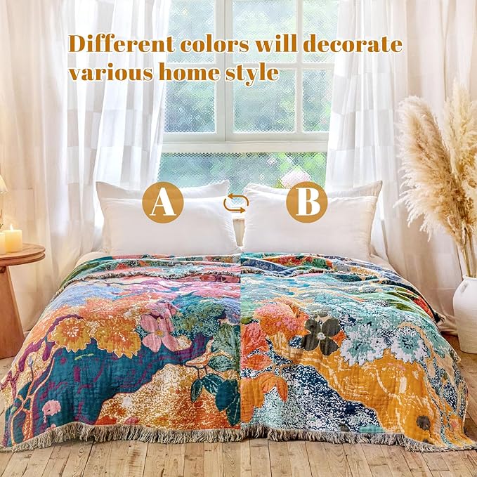 MSGKV Boho Throw Blanket for Bed 60"x80" Cotton Couch Blankets Floral Twin Size Spring Breathable Farmhouse Blankets All Seasons Lightweight Muslin