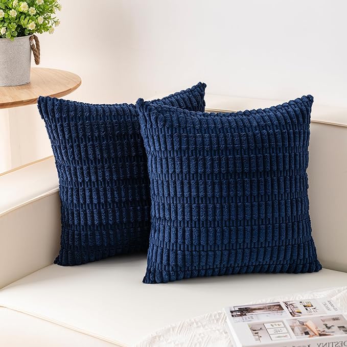 Pack of 2 Corduroy Decorative Throw Pillow Covers 16x16 Inch Soft Striped Pillow Covers Modern Farmhouse Home Decor for Sofa Living Room Couch Bed（Blue）