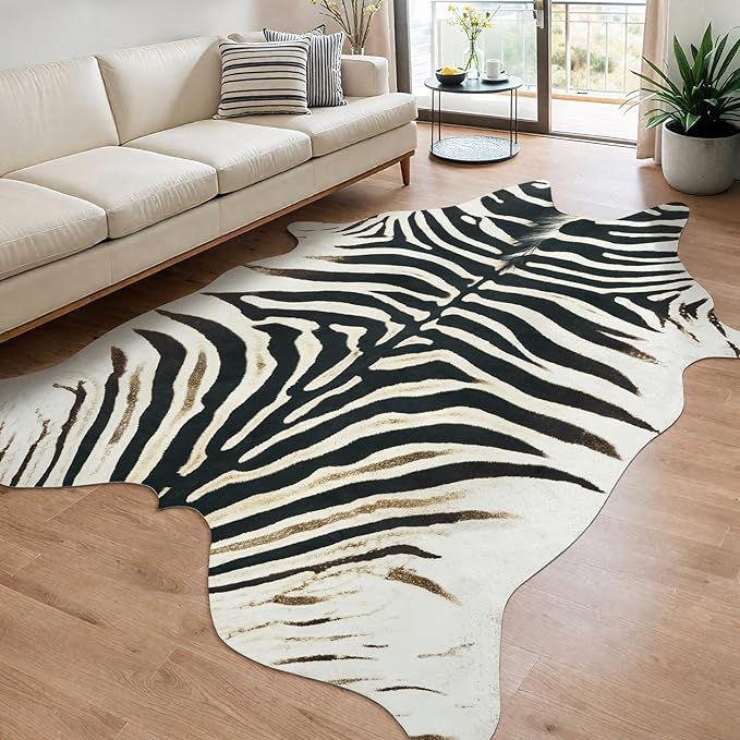 AROGAN Western Faux Fur Zebra Rug, 5.2x6.3 Feet Premium Animal Skin Print Rug, Sturdy Faux Zebra Hide Rugs for Wall Decor, Western Floor Carpet for Bedroom Living Room, Black and White