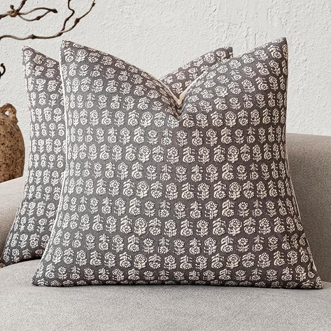Foindtower Set of 2 Decorative Vintage Floral Print Throw Pillow Covers Neutral Modern Farmhouse Cushion Covers Boho Home Decor for Sofa Couch Chair Bedroom Living Room,18×18 Inch,Rustic Gray