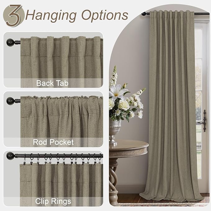 Dark Taupe Neutral Blackout Curtains 96 Inch Long 2 Panel Insulated Sliding Door Curtain UV Heat Blocking Drape for Living Room Bedroom Linen Cloth Canvas Burlap Primitive Decor Back Tab 52x96 Length