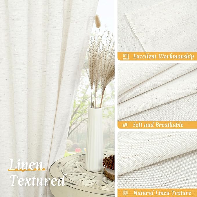 LAMIT Faux Linen 63 Inch Curtains for Bedroom, Ivory Rod Pocket Linen Drapes Light Filtering Semi Sheer Privacy Curtains for Small Window/Living Room, 2 Panels (42 x 63 Inch, Natural)
