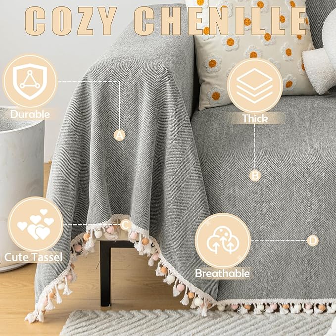 HANDONTIME Couch Slipcovers for Sofas Dark Grey Couch Cover Sofa Cover for Dogs Boho Pet Couch Protector with Tassel Sectional Throw Cover Chenille Herringbone Couch Cover for 3 Seat Sofa, 91" X150"