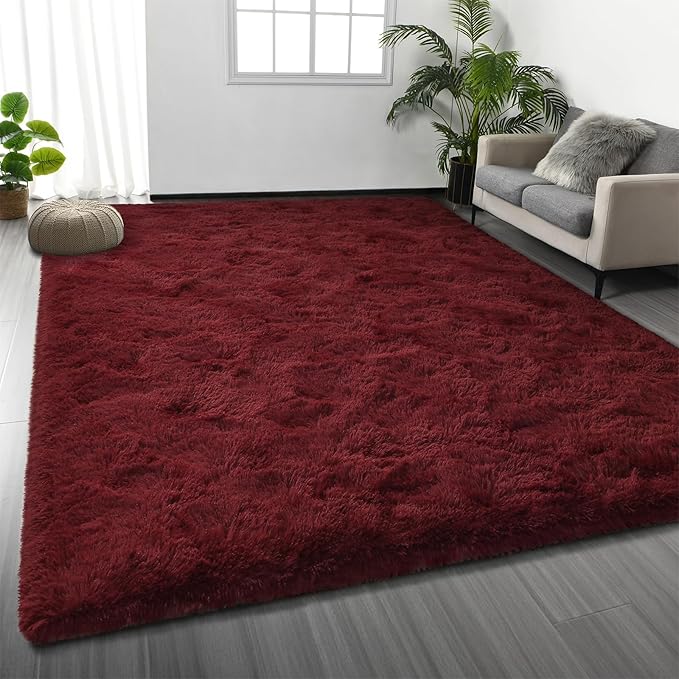 Deerhoo Large Shag Area Rugs 9 x 12, Plush Fuzzy Rugs for Living Room, Ultra Soft Fluffy Furry Rug for Bedroom, Indoor Carpet Nursery Rugs for Kids Room Home Decor, Burgundy