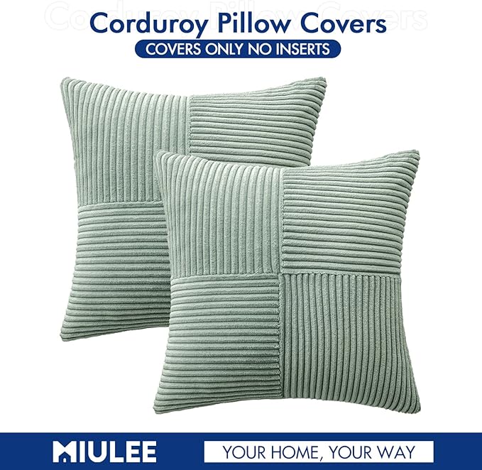 MIULEE Greyish Green Decorative Throw Pillow Covers 18x18 Inch for Couch Bed Sofa Spring Decor Pack of 2 Boho Farmhouse Throw Pillows Soft Cross Corduroy Patchwork Textured Cushion Cases