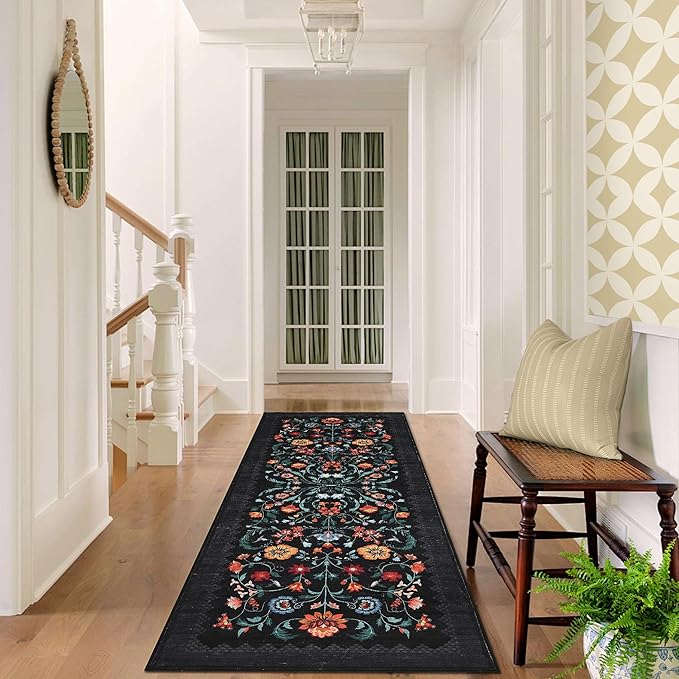 GarveeHome Floral Rug 2.5x8 Runners for Hallways, Boho Kitchen Runner Rugs Non Slip Bath Runners, Vintage Washable Runner Rug for Bedroom, Soft Long Rugs for Entryway Bathroom Laundry Dorm, Black