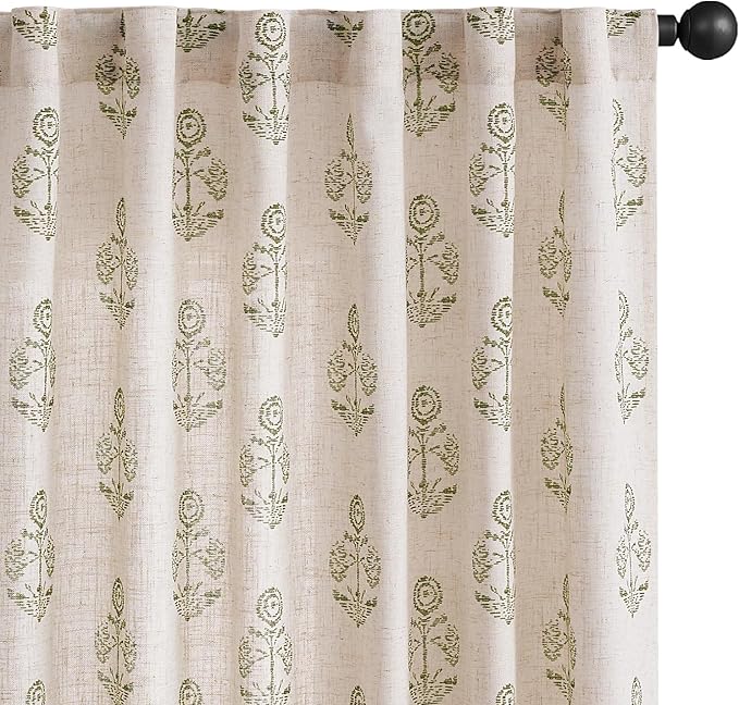 jinchan Linen Floral Curtains for Living Room 96 Inch Length Green Flower Cottage Core Farmhouse Curtains Rod Pocket Back Tab Boho Semi Sheer Window Drapes Bedroom Set 2 Panels Green on Beige