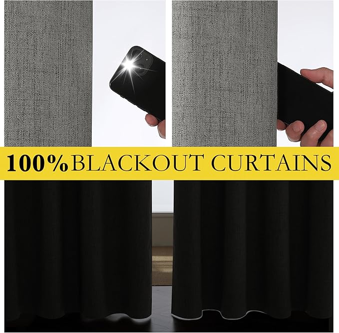 NICETOWN Grizzle Gray Vintage Linen 100% Blackout Curtains for Living Room, Thermal Insulated Curtains 90" Long, Noise Reducing Window Treatment Drapes for Home Cinema, 52" Wide Per Panel, Set of 2
