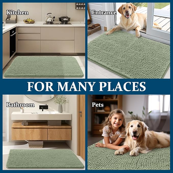 OLANLY Dog Door Mat for Muddy Paws 44x24, Absorbs Moisture and Dirt, Absorbent Non-Slip Washable Doormat, Quick Dry Chenille Mud Mat for Dogs, Entry Indoor Entryway Carpet for Inside Floor, Sage Green