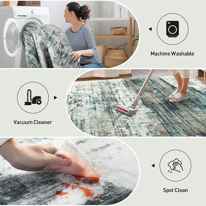 6x9 Area Rugs Washable Rug: Large Modern Abstract Living Room Rug Soft Anti-Skid Thin Carpet Indoor Floor Non-Shedding Carpets for Bedroom Dining Room Farmhouse Nursery Home Office Green Multi