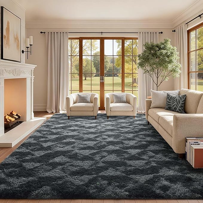 8x10 Ft Extra Large Shag Rugs for Bedroom Living Room for Men Boys, Tie Dyed Ultra Soft Fluffy Furry Area Rug for Indoor Floor, Aesthetic Carpet for Home Decor (Black Grey)