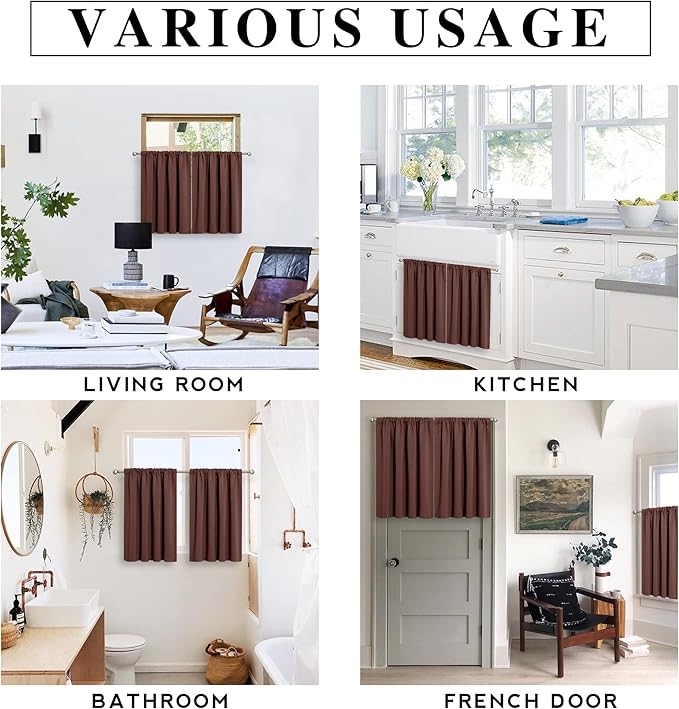 RYB HOME Blackout French Door Window Curtain Covering, Rod Pocket Thermal Insulated Privacy Non See Through Drapes for Bathroom Window, Width 29 by Length 45, Chocolate Brown, 2 Panels