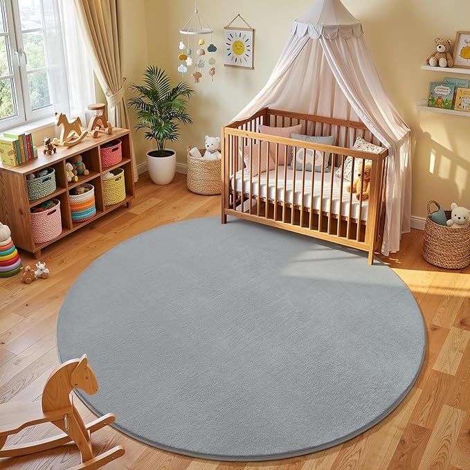Amearea Grey Round Area Rugs 5ft Washable Circle Rugs for Bedroom Living Room, Fluffy Indoor Thickened Memory Foam Rug, Non Slip Minimalist Circular Carpet for Kids Boys Girls Dorm Nursery Room Decor