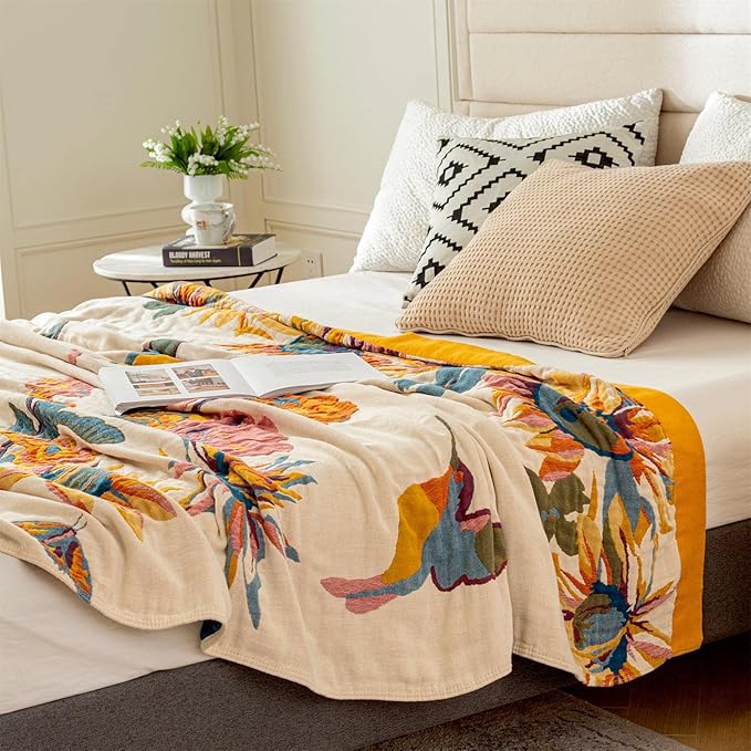 MSGKV Boho Throw Blanket for Bed 100% Cotton Throw Floral Couch Blanket 80''x90'', Spring Breathable Travel Muslin Blanket for Women Home Decor