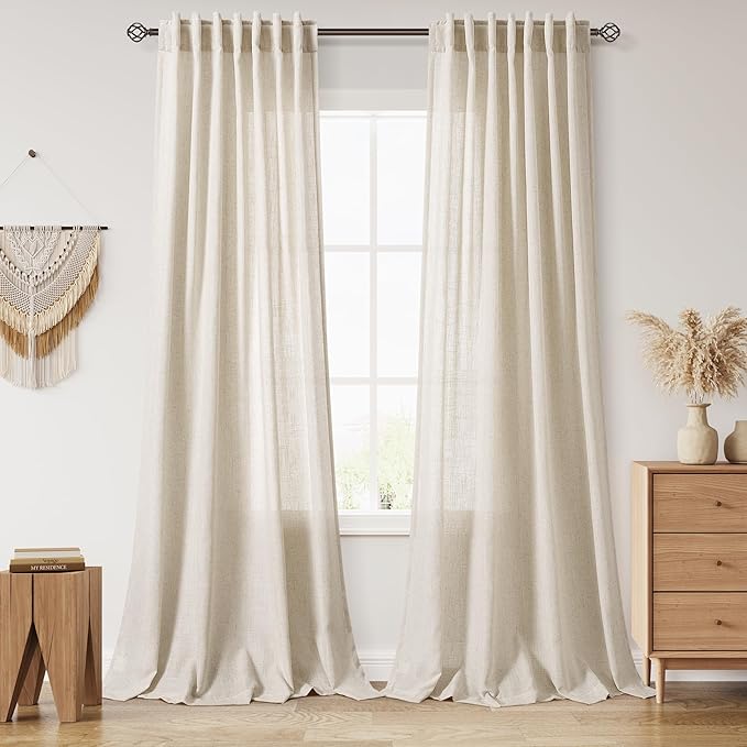 Nanspring Extra Long 120 Inch Curtains for Living Room Boho Linen Light Filtering Semi Sheer Curtain Back Tab Eclectic Home Decor Modern Floor to Ceiling High Window for Bedroom 52x120, 2 Panels